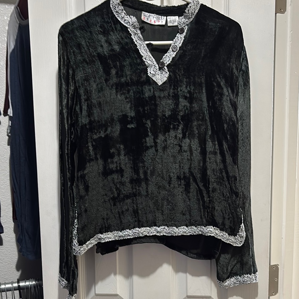 Funky People Black Velvet-like Blouse with Lace Accents